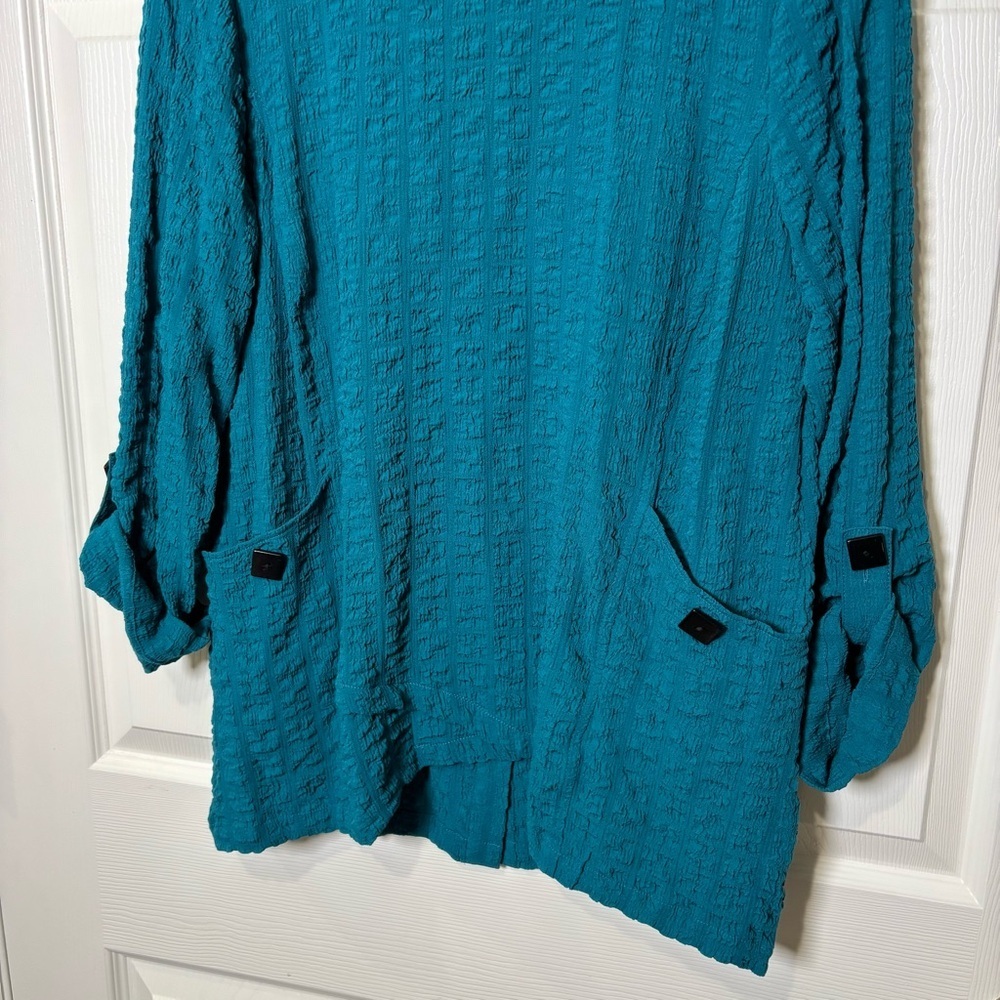 Ali Miles Top Tunic Women Medium Textured Woven Turquoise Lagom Lagenlook Pocket - Picture 5 of 9